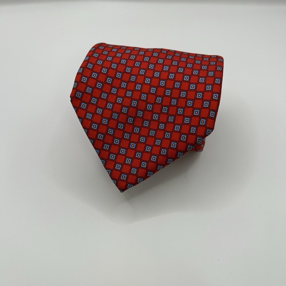 Jos. A. Bank Men's Tie 100% Silk Made In Italy Red Blue Square Geometric 3.5"x60